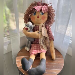 Primitive Style MACY Rag Cloth DOLL Holding SOCK MONKEY Folk Art Raggedy